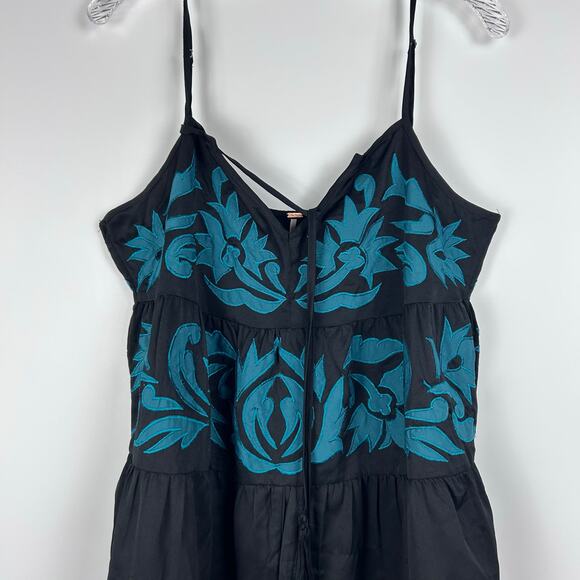 Free People Everblue Romper Black Blue Adjustable Straps Embroidery Womens Sz L - Picture 4 of 11